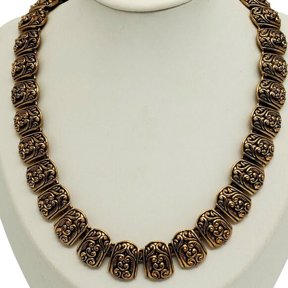 Ornate Antique Gold Tone Collar Necklace Panel Filigree Chunky Victorian Revival - Picture 6 of 9